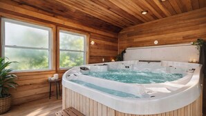 A wooden cabin interior with a hot tub, large windows, and a bench. - Beautiful Bayfront Home • Heated Pool & Jacuzzi (West Haven)