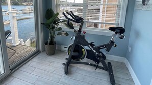 Ett rum med ett stort fönster, en motionscykel och en krukväxt.