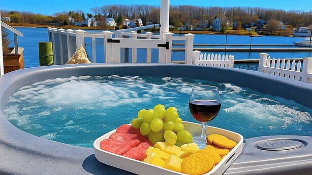 Ett bubbelbad med ett fat fullt av frukt och ett glas vin, omgivet av en terrass med utsikt över en sjö och hus.