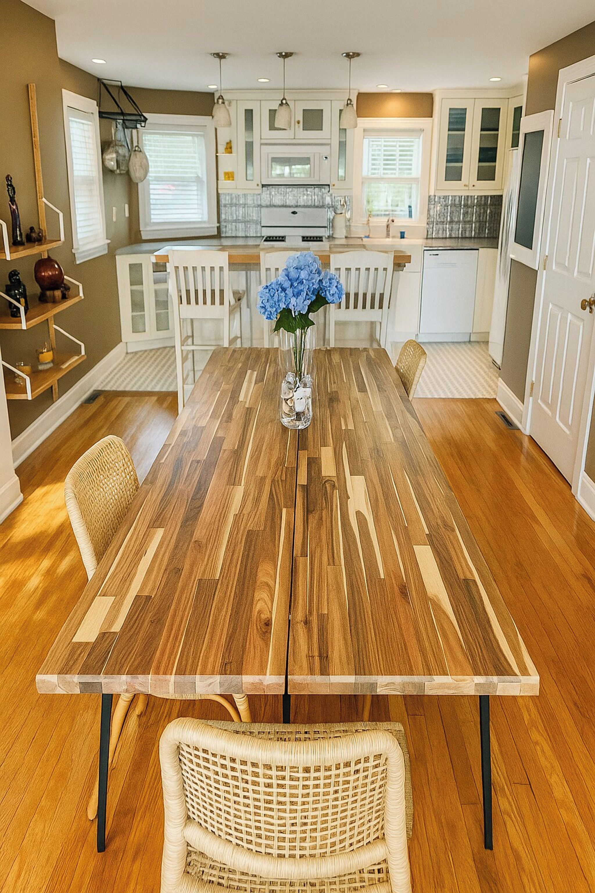 A dining area with a wooden table, wicker chairs, and a vase with flowers.