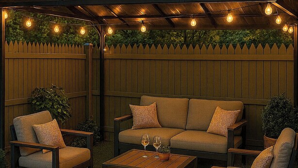 Un espace extérieur aménagé en patio, avec un foyer, des sièges et des guirlandes lumineuses.