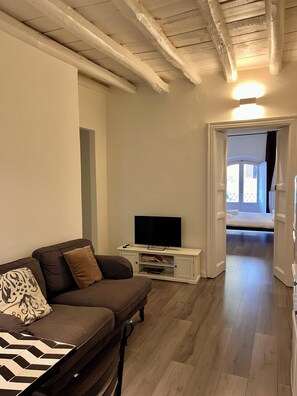 A living room with a sofa, a television on a stand, and a hallway leading to a bedroom. - Charming Cozy flat in the Heart of Porta Venezia (Milan)
