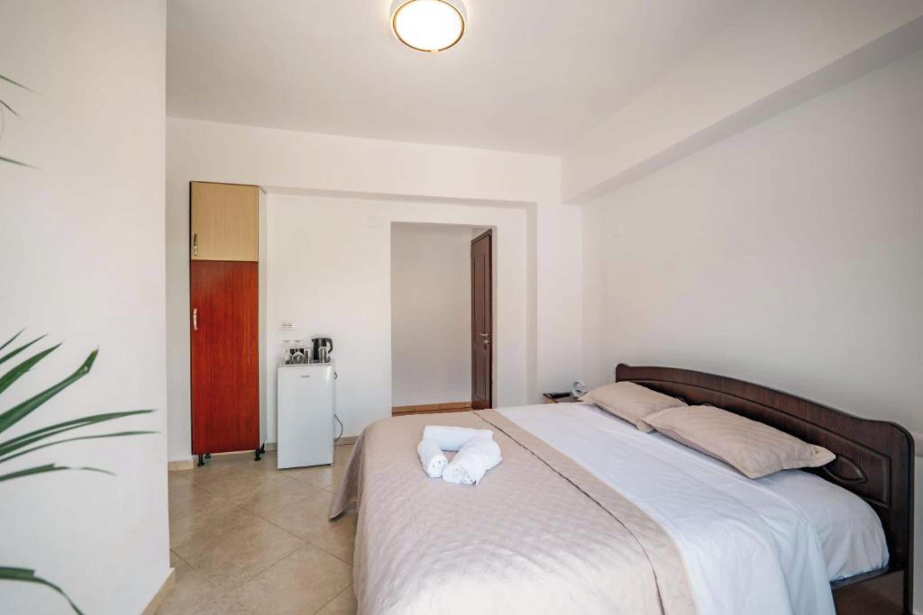 Una habitación de hotel con cama, escritorio, puerta y una planta.