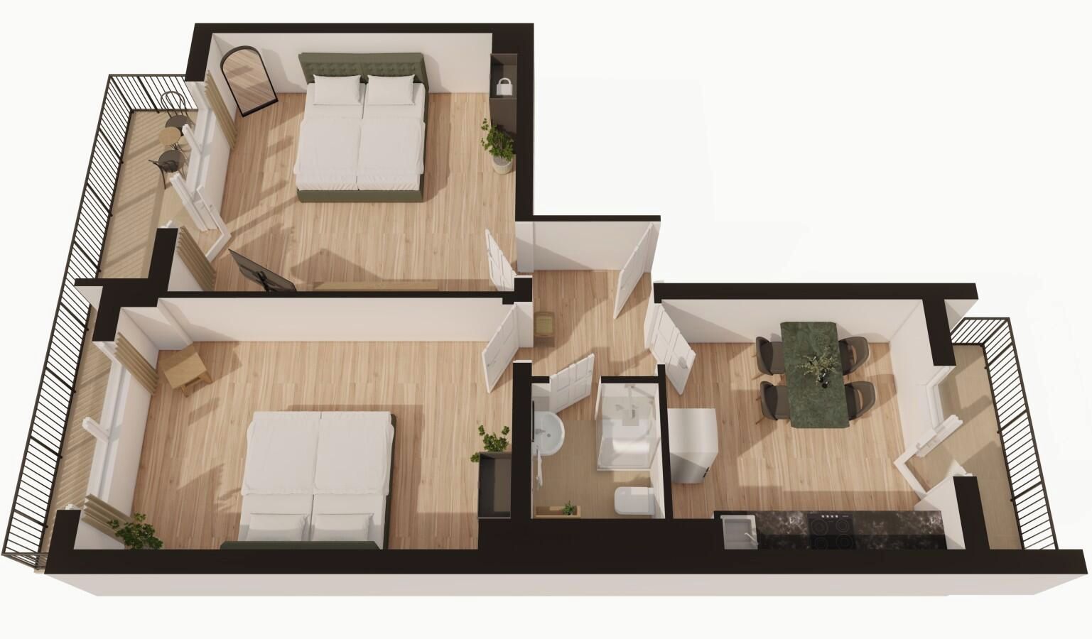 Grundriss einer 2-Zimmer-Wohnung mit Wohnzimmer, Essbereich, Küche und Bad.