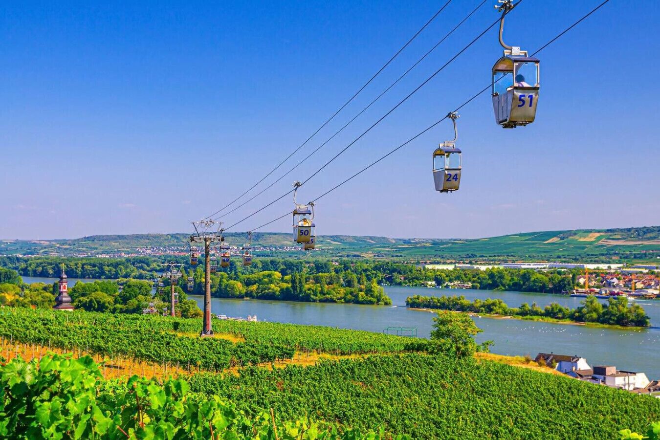 Un téléphérique surplombe un vignoble, avec une rivière et une ville en arrière-plan.