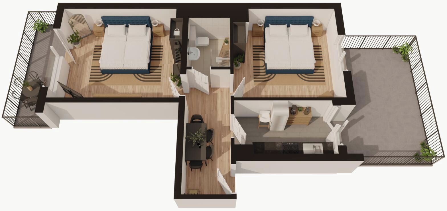 A two-bedroom apartment layout with a kitchen, dining area, and a small balcony.