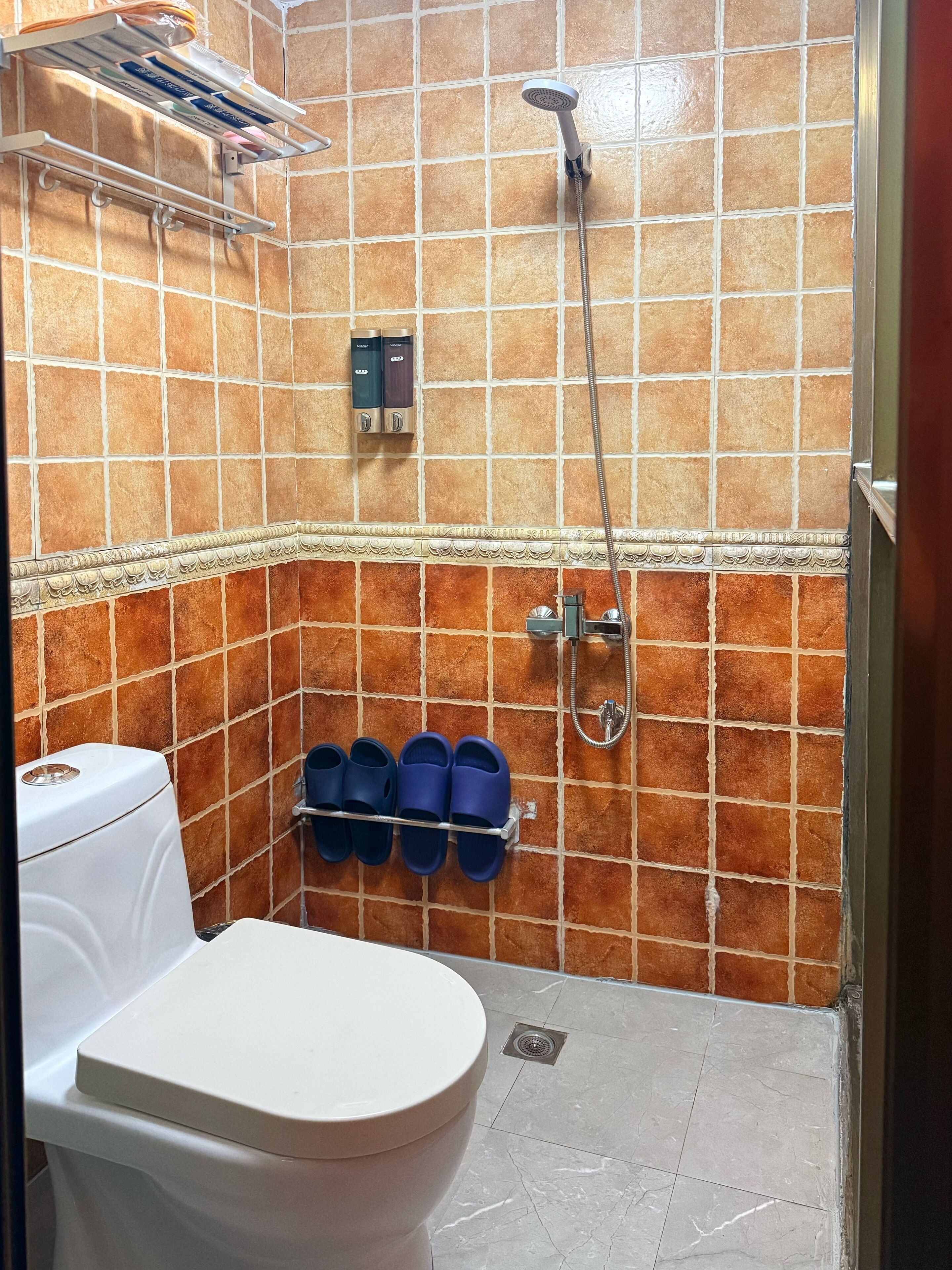 Un baño con inodoro, ducha y toallero.