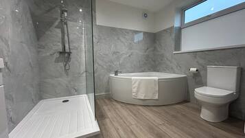 Shower, hair dryer, towels, soap