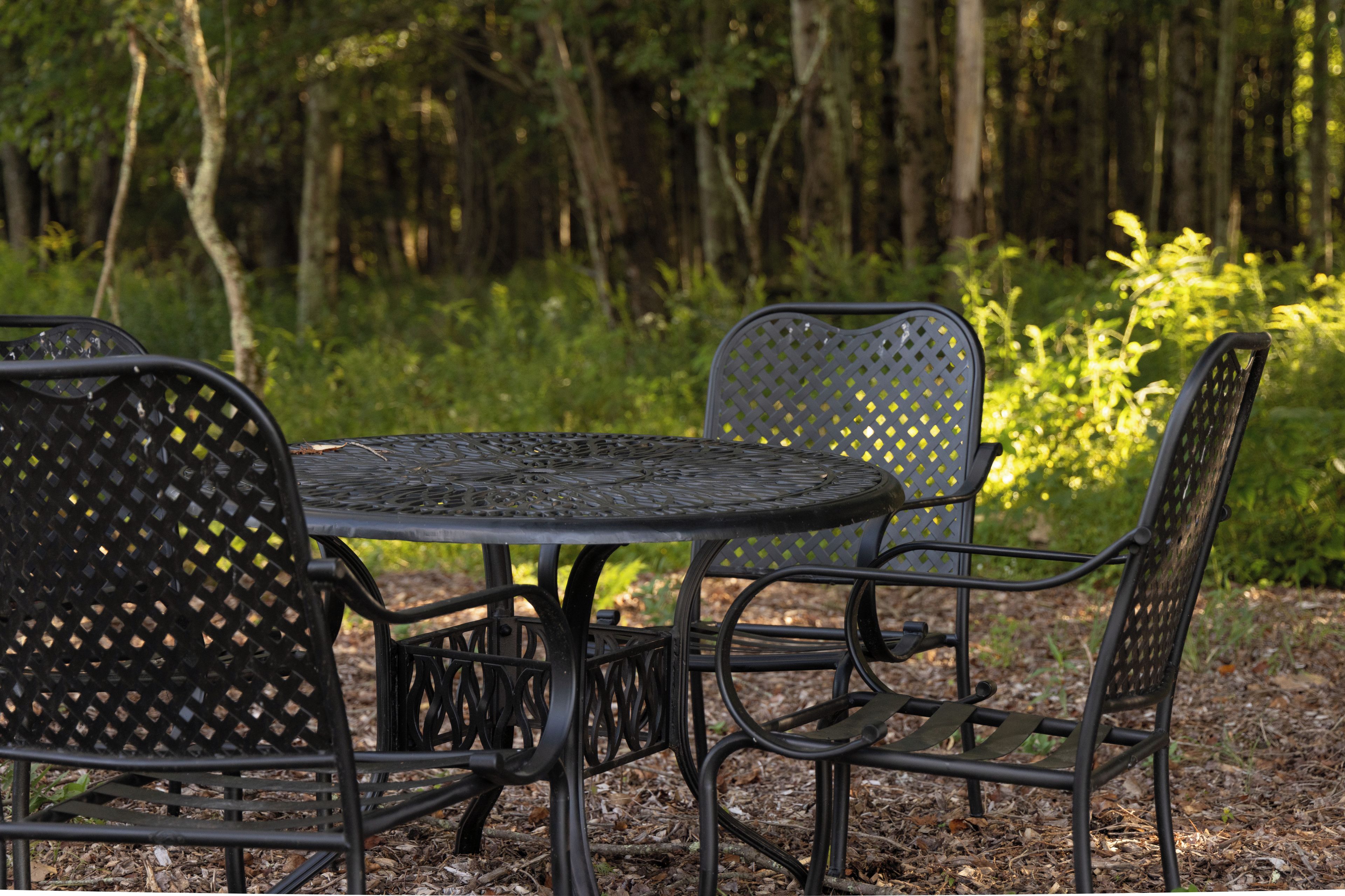 A metal table and chairs set outdoors with a forest backdrop.