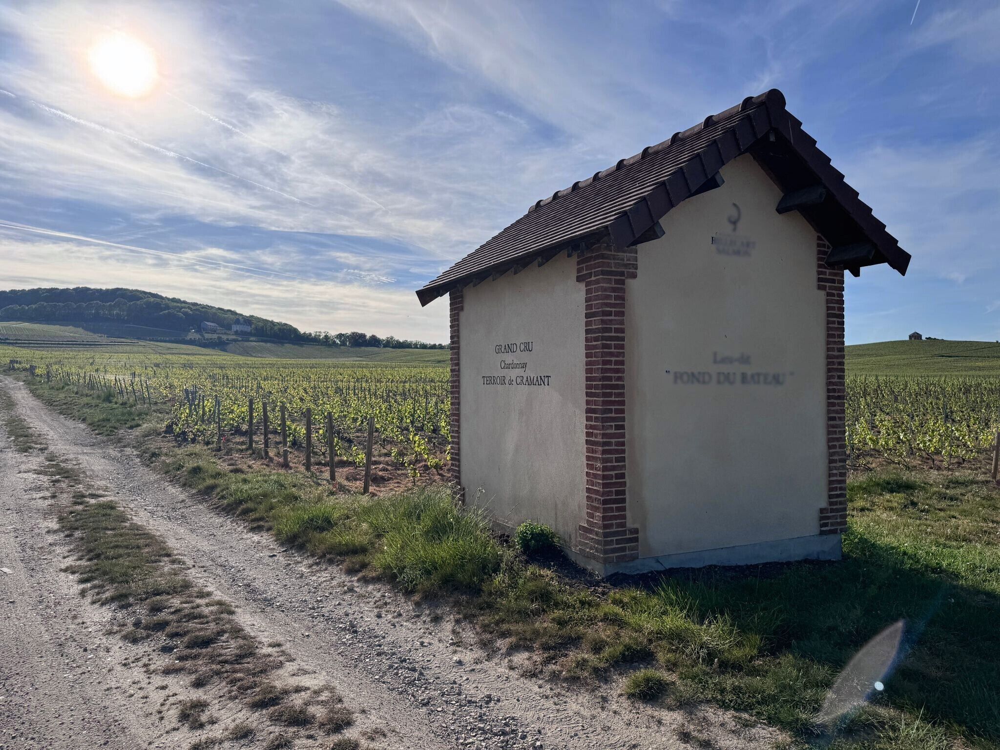 A small building with a sign reading 'Grand Cru Terroir de Cramant Chardonnay' and 'Fond du Bateau' in a vineyard setting.