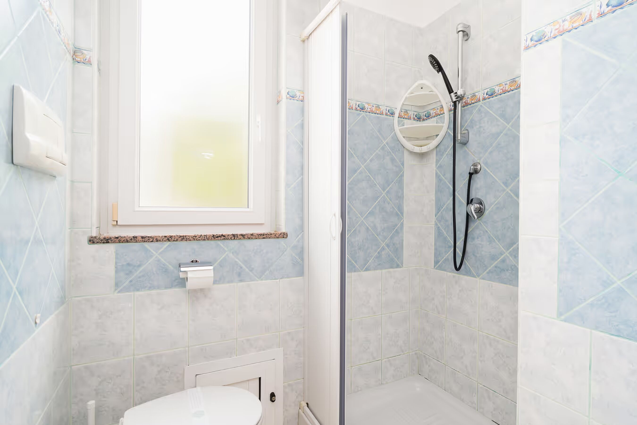 A bathroom with a toilet, a shower with a handheld showerhead, and a window.