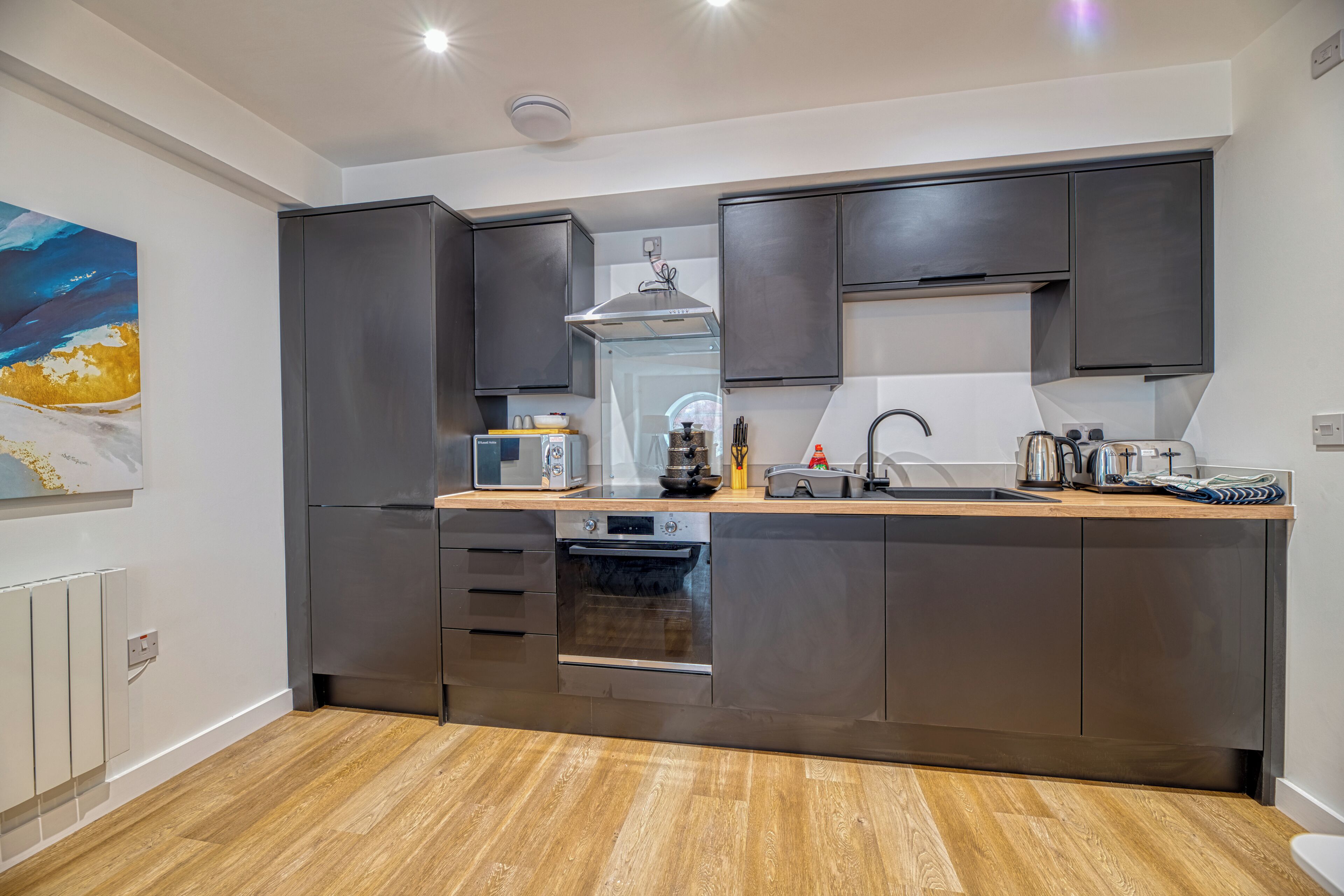 Fridge, microwave, electric kettle, toaster