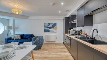 Fridge, microwave, electric kettle, toaster