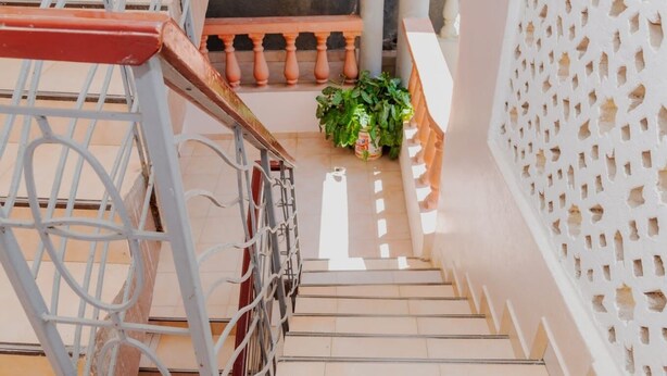 Una escalera con barandilla metálica, una planta en maceta y una pared blanca con diseño decorativo.