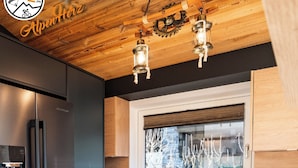 A modern kitchen with a marble countertop, stainless steel appliances, wooden ceiling, and a window with a view of trees. - Two beautiful apartments in a sunny and quiet location in Westendorf (Salvenberg)