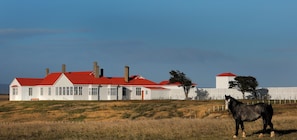 A white building with red roofs and chimneys, a horse in the foreground, and a clear blue sky.