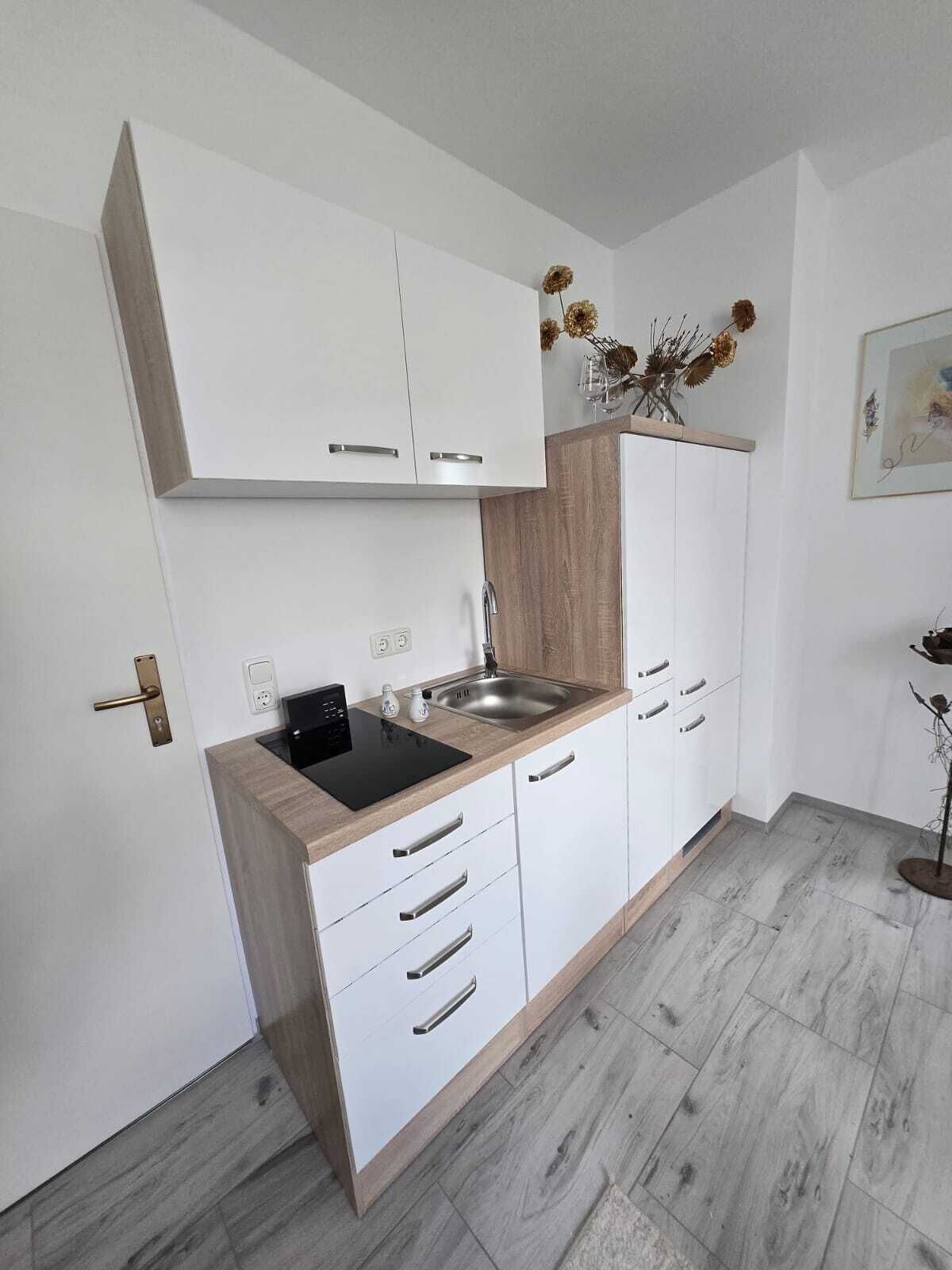 Kühlschrank, Herdplatte, Kochgeschirr/Geschirr/Besteck, Gewürze