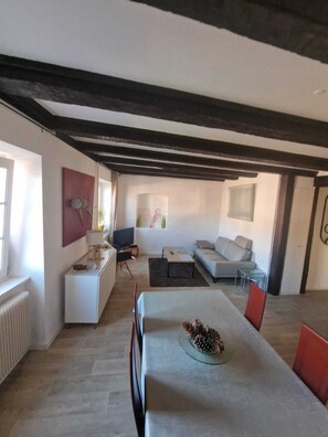 A spacious living area with a dining table, sofa, and a television. - LARGE 2-BEDROOM APARTMENT OVERLOOKING PETITE VENISE WITH BALCONY AND PRIVATE PARKING (Colmar)