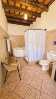 Baño con bañera, inodoro y una silla de mimbre.