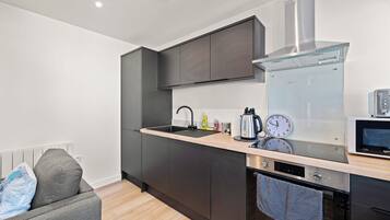 Fridge, microwave, electric kettle, toaster