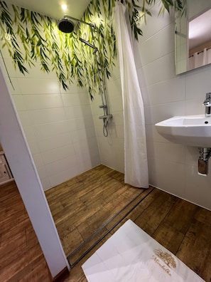 Shower, hair dryer, towels, toilet paper
