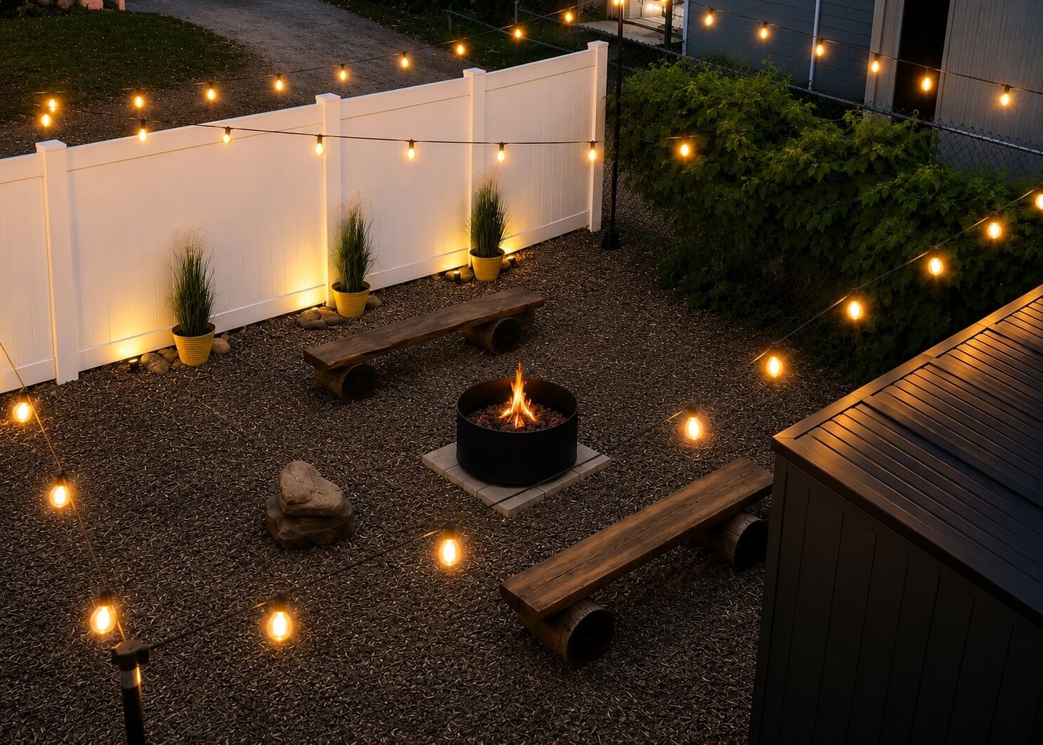 Un patio con un brasero, bancos de madera, luces colgantes y plantas en macetas.