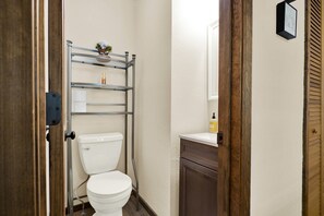 Hair dryer, towels, soap, toilet paper