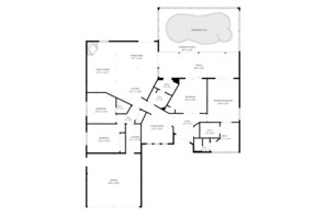 Grundriss mit Schwimmbad, überdachter Veranda, Essbereich, Familienzimmer, Küche, zwei Schlafzimmern, Wohnzimmer, Eingangsbereich, Badezimmer, Waschküche und Garage.