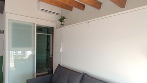 Ett rum med en grå soffa, en skjutdörr i glas som leder ut till en balkong och en liten växt på väggen.