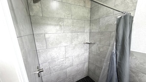 A shower with grey tiles, a showerhead, a glass door, and a curtain. - Friendship Inn Near Golf Course Ocala Fl (Ocala)