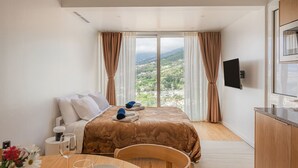 Ett hotellrum med en säng, ett skrivbord, en stol, en tv och utsikt över omgivningarna.