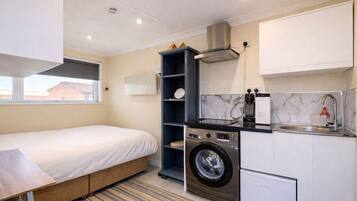 A compact hotel room with a bed, a washing machine, a sink, and a small kitchenette.