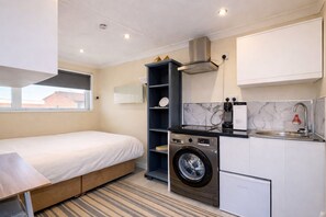 A compact hotel room with a bed, a washing machine, a sink, and a small kitchenette.