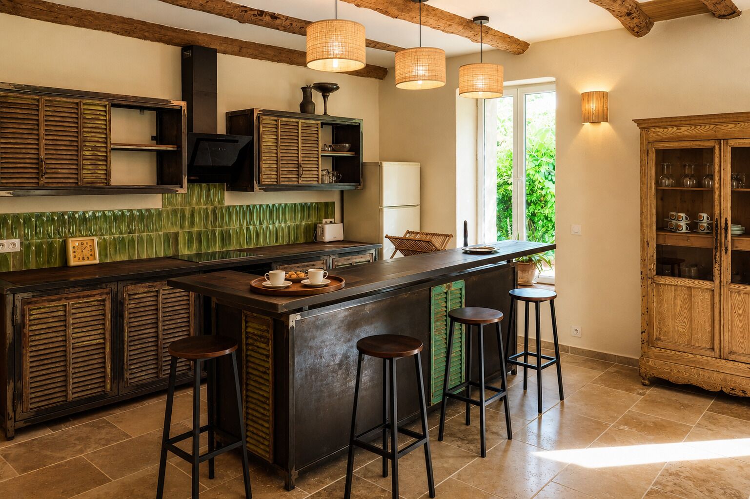 Une cuisine avec un coin bar, des meubles en bois et une fenêtre donnant sur un beau paysage.