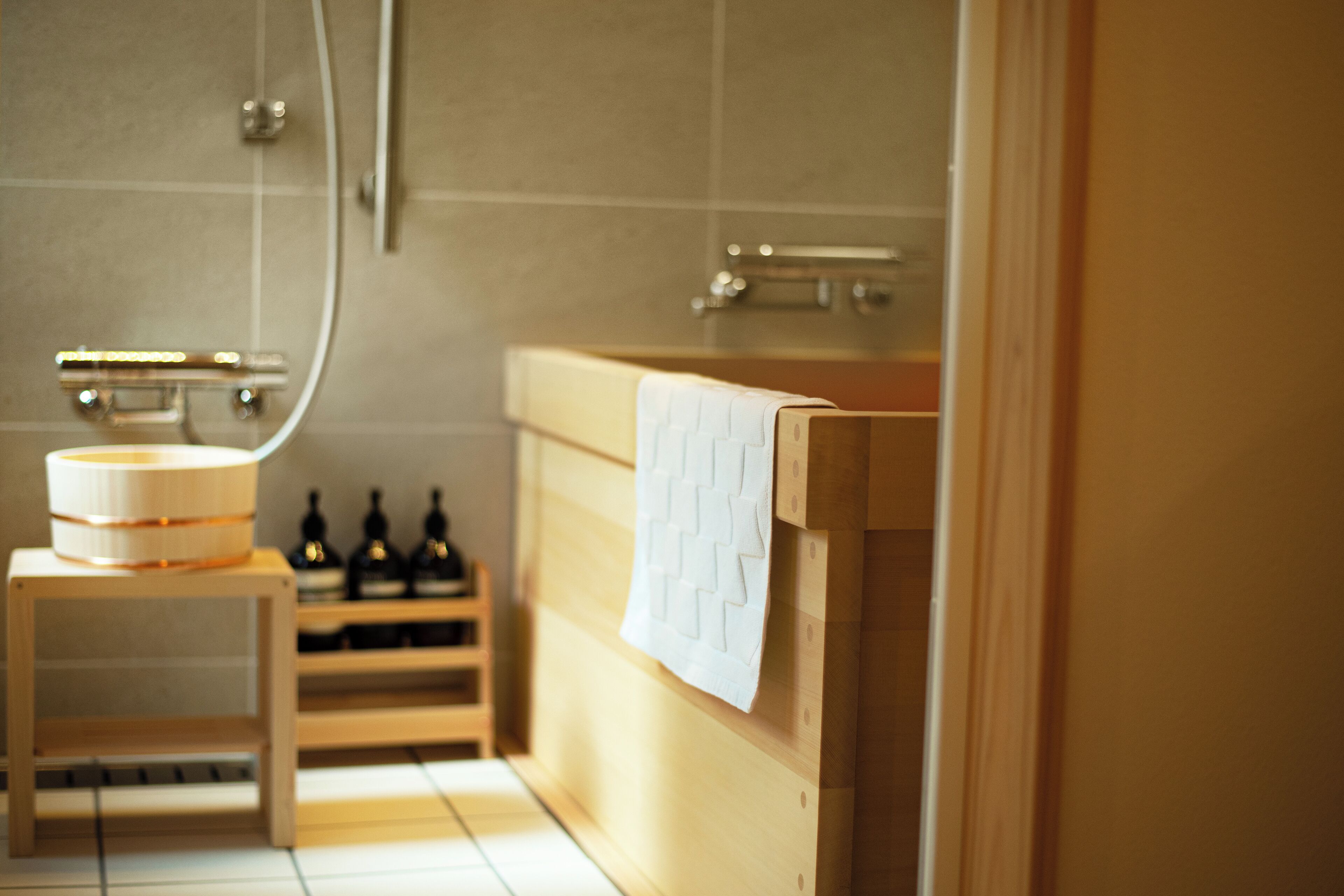 Shower, jetted tub, hair dryer, bidet
