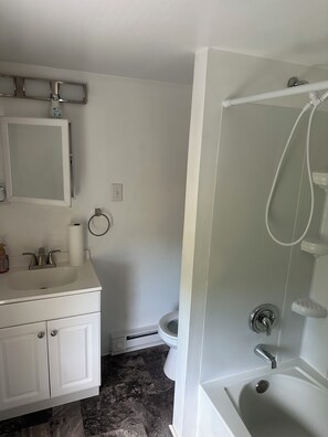 Secadora de cabello, toallas, jabón, papel de baño 