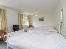 Un dormitorio con dos camas, una televisión, una silla de mimbre y un cuadro en la pared.
