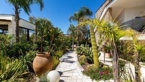 Un sentier de jardin bordé de cactus et de palmiers, menant à une maison moderne à la façade en pierre.