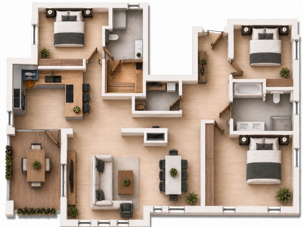 Ein modernes Apartment mit Wohnzimmer, Küche, zwei Schlafzimmern, einem Badezimmer und einem Essbereich.