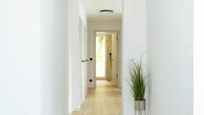 Un pasillo con una planta en maceta, ducha y puerta que da a otra habitación.