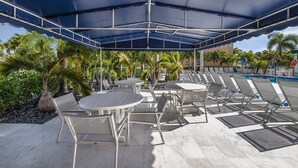 A covered outdoor seating area with tables and chairs, a pool, and palm trees. - Spacious 2-Bedroom Suite Just Steps from Famous Fort Lauderdale Beach (Fort Lauderdale)