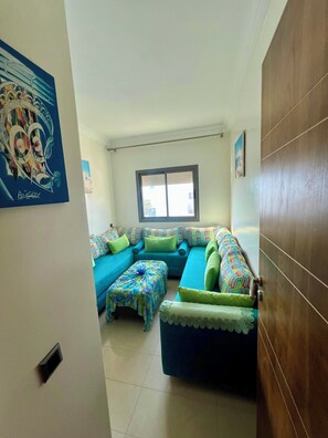 Living area - Modern 3-bedroom apartment Blanca Beach (sidi rahal)