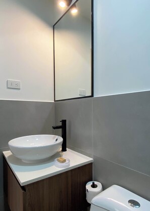 Douche, sèche-cheveux, serviettes fournies, shampoing