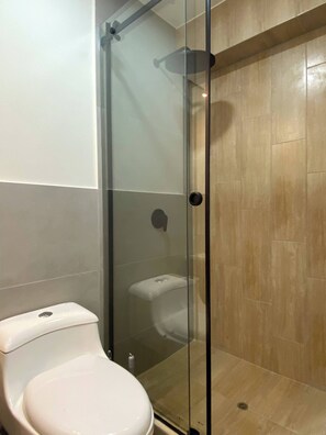 Douche, sèche-cheveux, serviettes fournies, shampoing