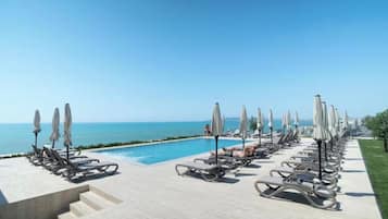 Seasonal outdoor pool, pool umbrellas, sun loungers