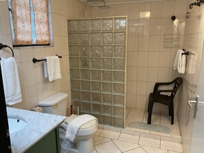 Shower, towels, soap, toilet paper - Ocean front studio F7 at Sand Dollar Resort in Hato, Bonaire N. A. (Kralendijk)