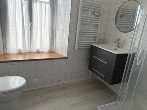 Ducha, secador de pelo, toallas y papel higiénico