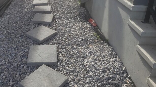 A narrow pathway with concrete slabs leading to a building with a window and a metal gate. - This is a  two bedroom basement suite with a separate entrance, with a washroom (Edmonton)