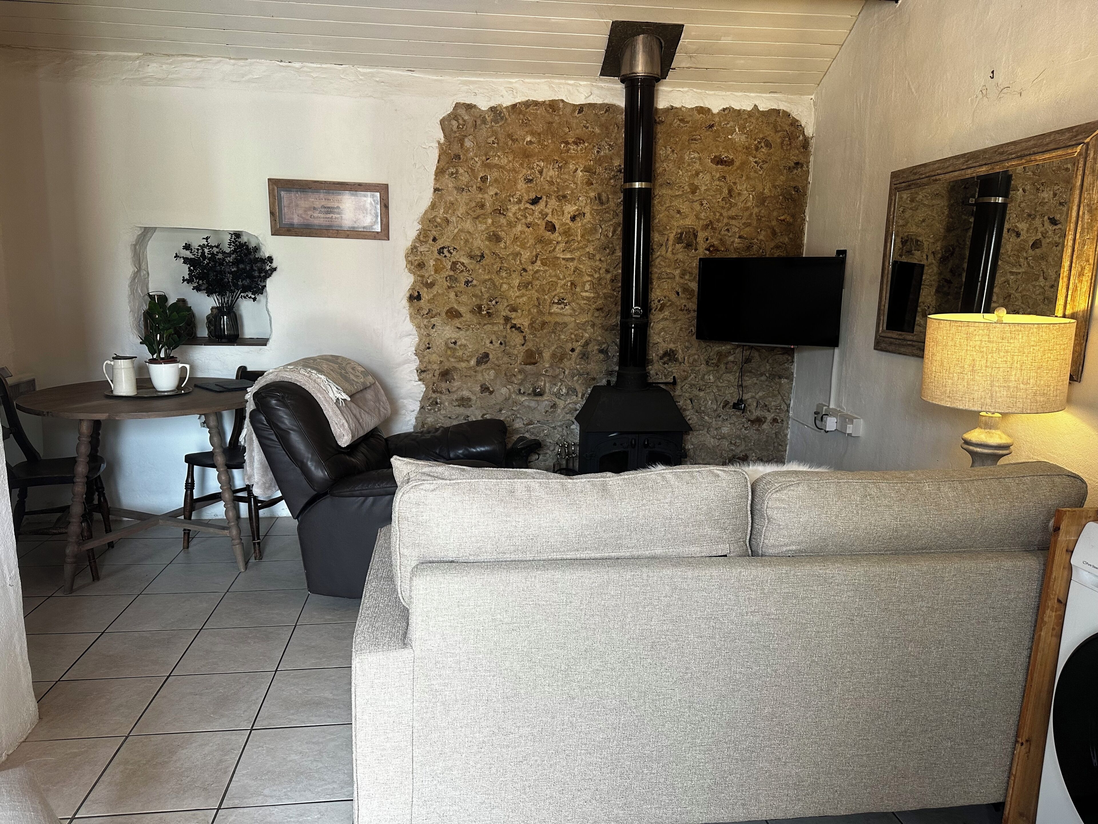 TV connectée, cheminée, livres