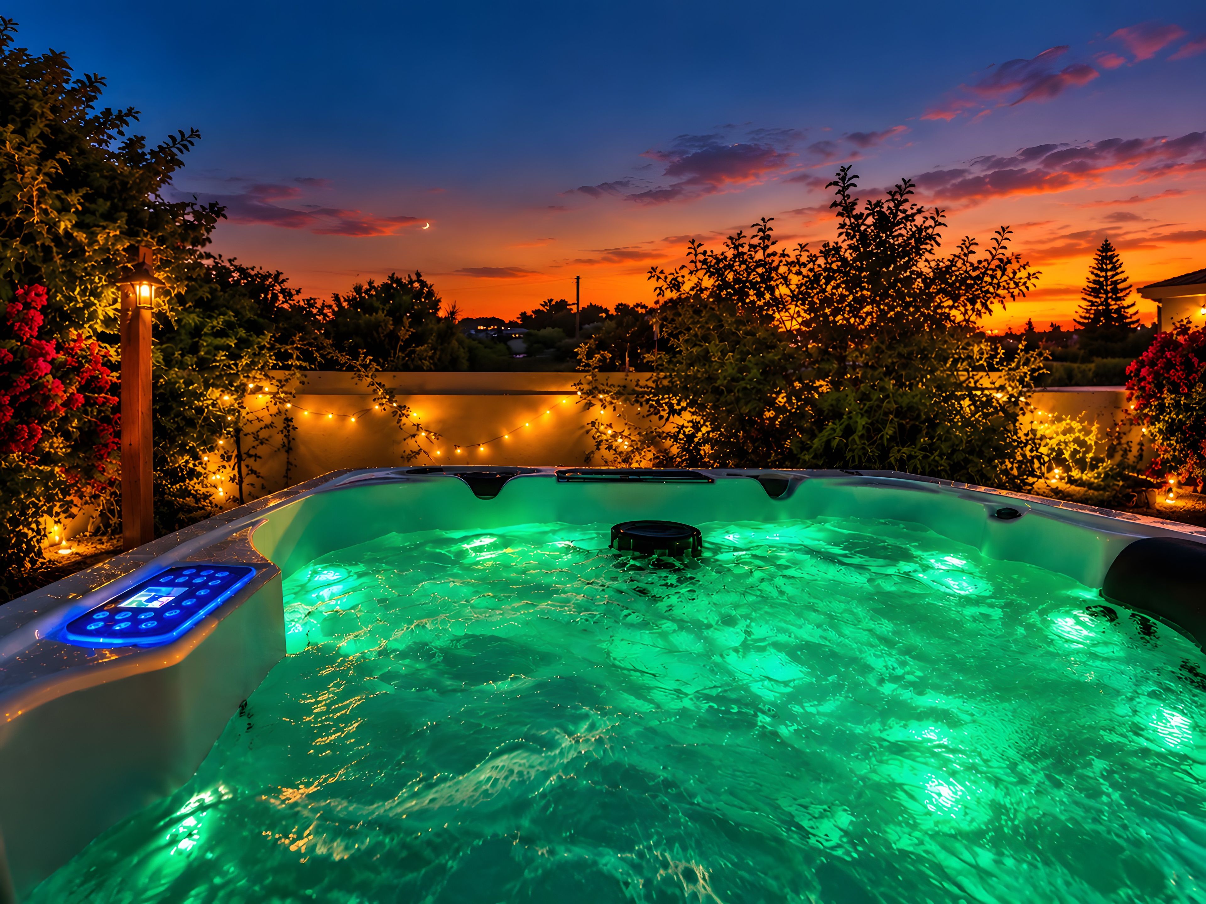 A hot tub with a control panel, surrounded by string lights and plants, set against a sunset sky.